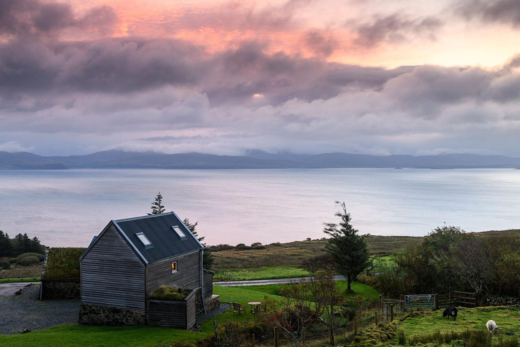 The Blackhouse Cottage from Ben Geary looking out to the dramatic seascape of Loch Snizort.