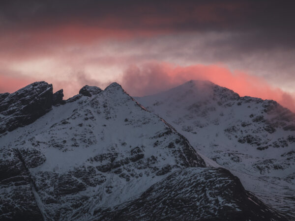 In the Black Cuillin mountains, Skye at sunset. A dusting of snow