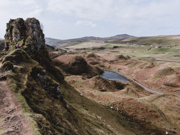 Dramatic landscape on the Isle of Skye, Scotland with rock formations and high sheep path.