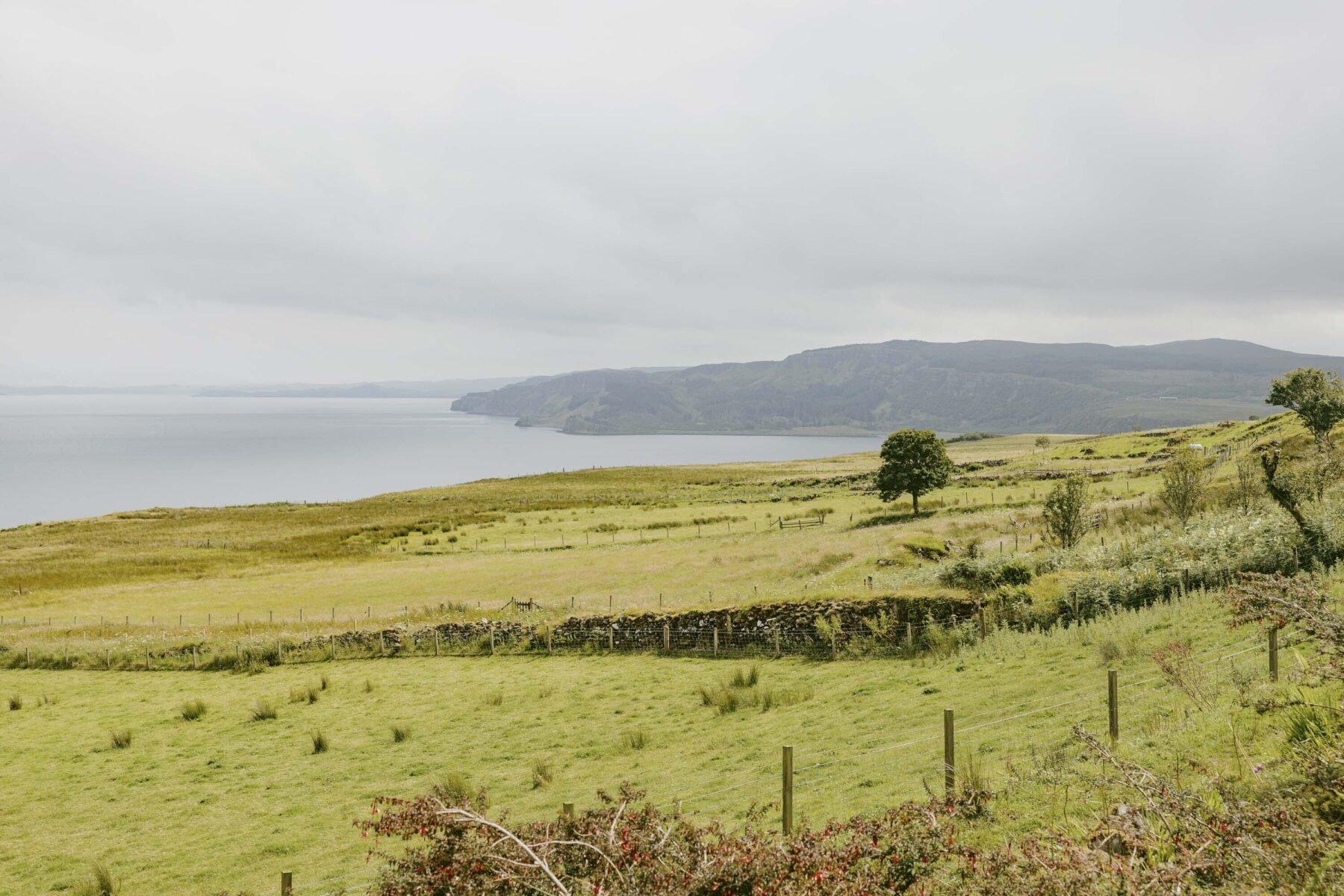 View across croftland to Loch Snizort, the sea loch between the Waternish and Trotternish penisulas, Isle of Skye, Scottish Highlands